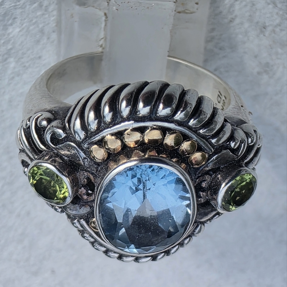 Estate Robert Manse Bali Designer Signed Genuine Blue Topaz And Peridot Ring - Picture 2 of 9